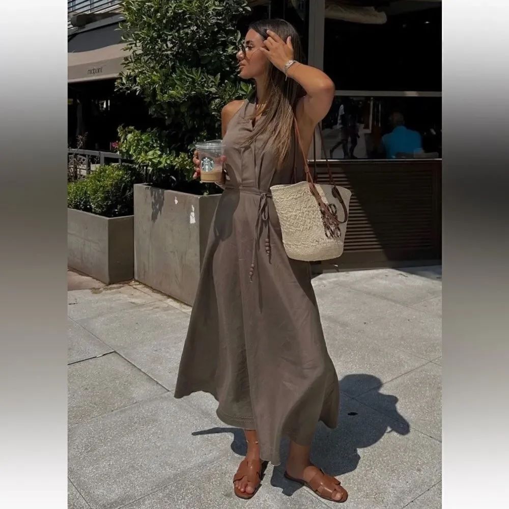 ZARA LINEN BLEND KHAKI HALTER NECK MIDI DRESS blogger’s favorite size large